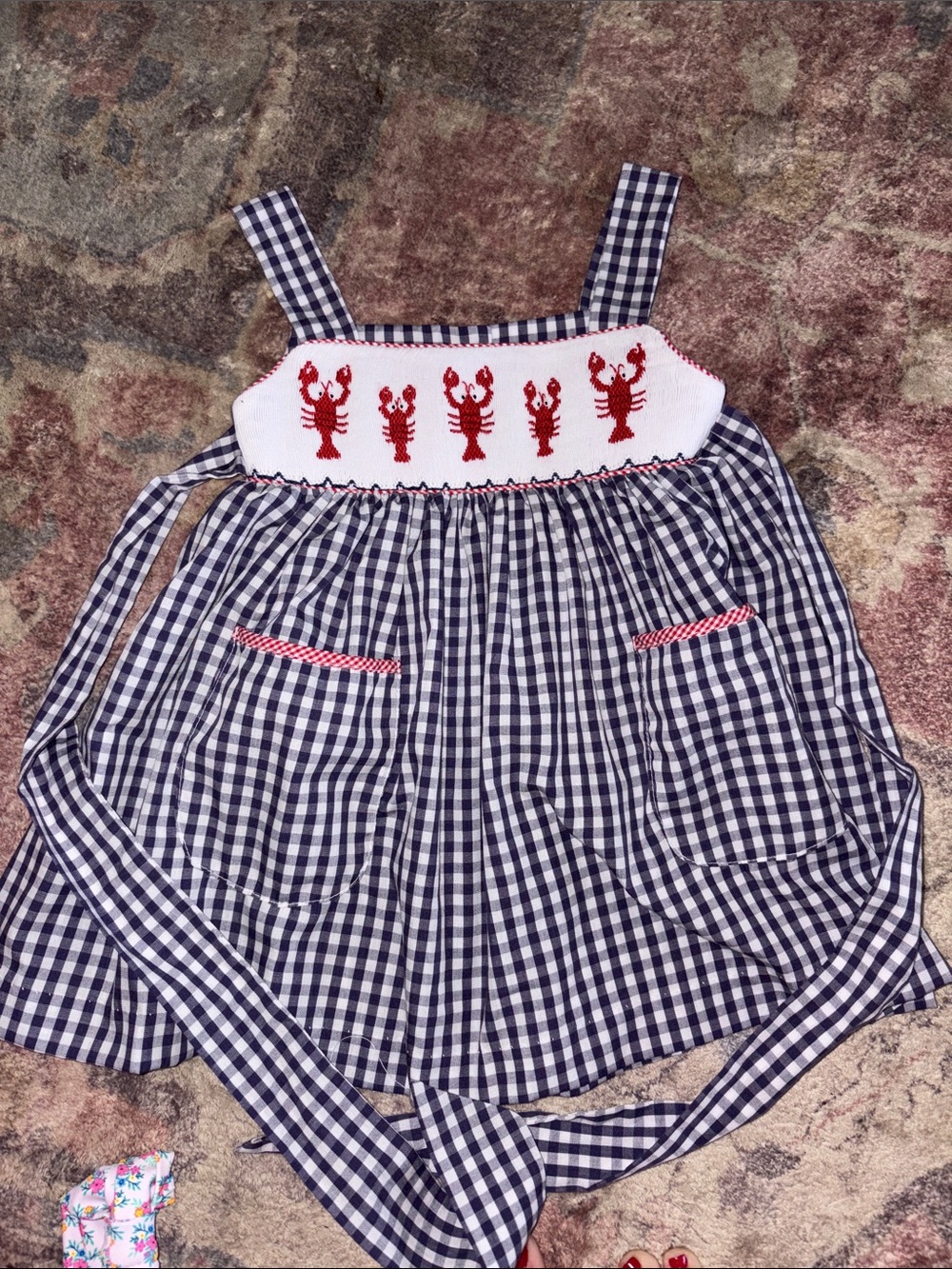 Smocked Navy Gingham Girls' Sundress with Red Lobster Embroidery